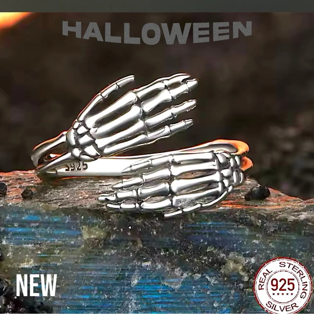 New 925 Sterling Silver Halloween Vintage Skeleton Hand Ring - Picture 2 of 8